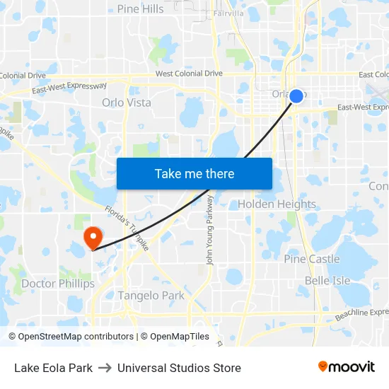 Lake Eola Park to Universal Studios Store map