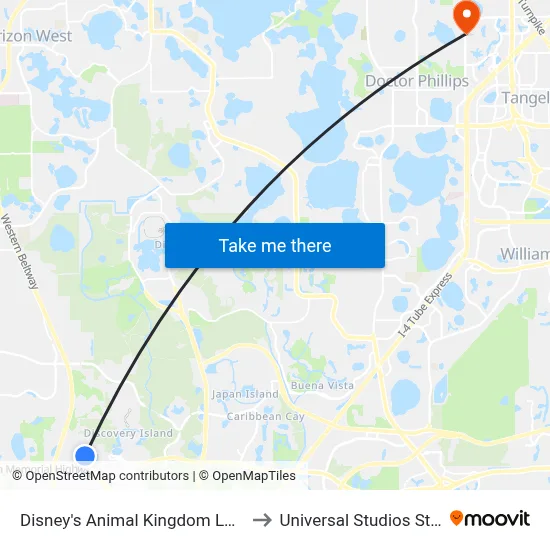 Disney's Animal Kingdom Lodge to Universal Studios Store map
