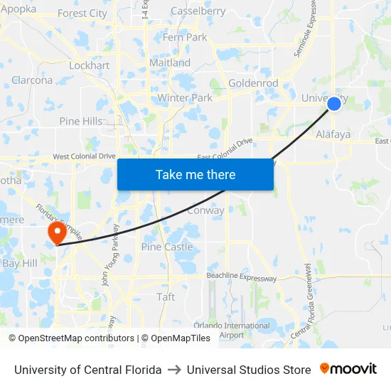 University of Central Florida to Universal Studios Store map