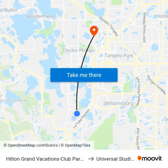Hilton Grand Vacations-Club Parc Soleil Orlando to Universal Studios Store map