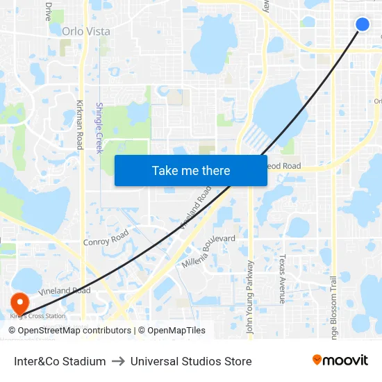 Inter&Co Stadium to Universal Studios Store map
