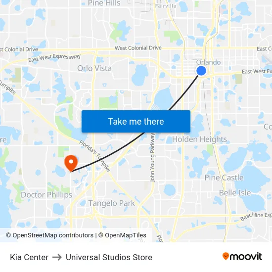 Kia Center to Universal Studios Store map