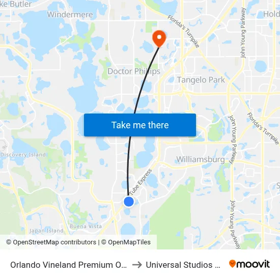 Orlando Vineland Premium Outlets to Universal Studios Store map