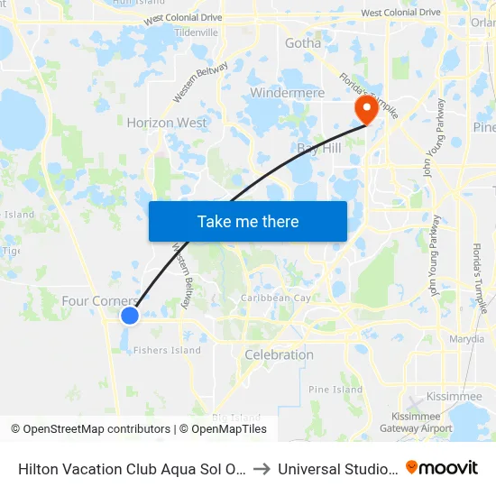 Hilton Vacation Club Aqua Sol Orlando West to Universal Studios Store map