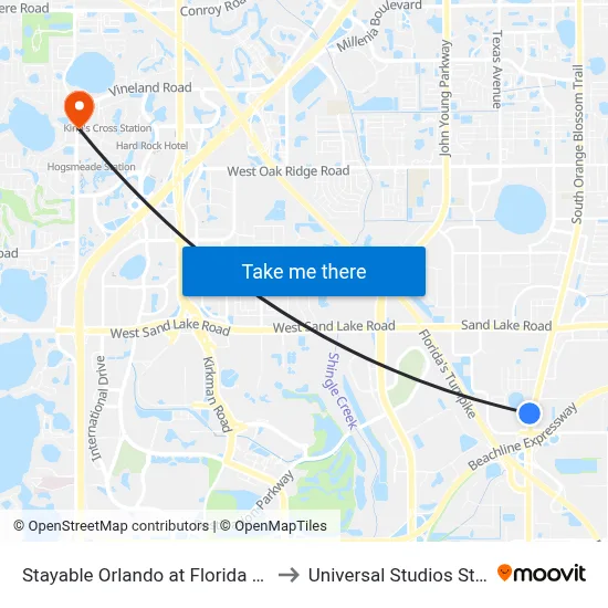 Stayable Orlando at Florida Mall to Universal Studios Store map