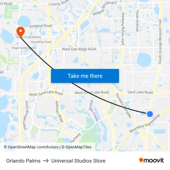 Orlando Palms to Universal Studios Store map