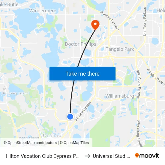Hilton Vacation Club Cypress Pointe Orlando to Universal Studios Store map