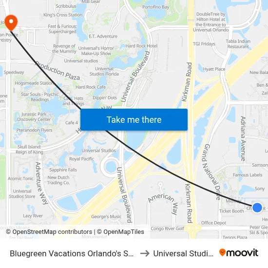 Bluegreen Vacations Orlando's Sunshine Resort to Universal Studios Store map