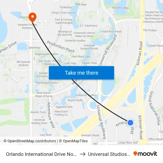 Orlando International Drive North Hotel to Universal Studios Store map