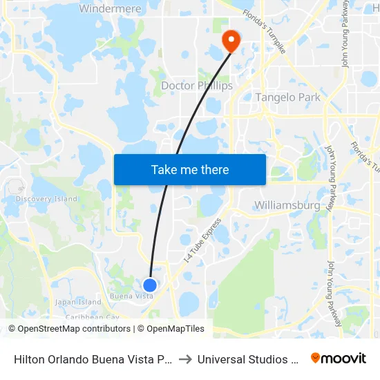 Hilton Orlando Buena Vista Palace to Universal Studios Store map