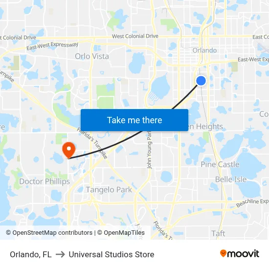 Orlando, FL to Universal Studios Store map