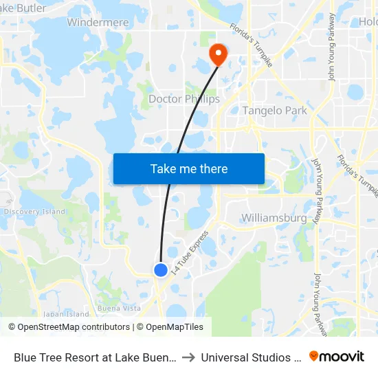 Blue Tree Resort at Lake Buena Vista to Universal Studios Store map