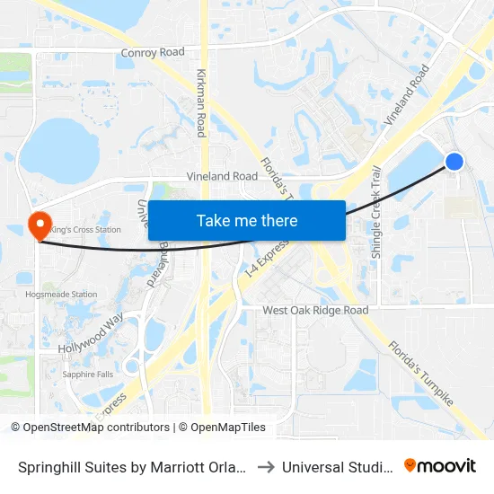 Springhill Suites by Marriott Orlando at Millenia to Universal Studios Store map