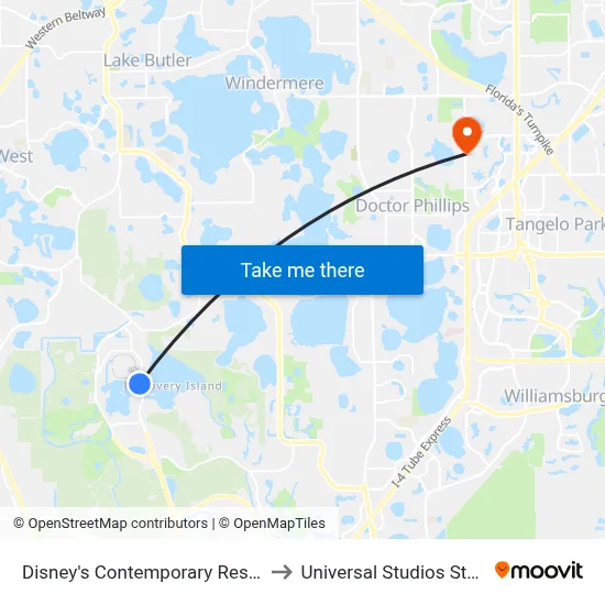 Disney's Contemporary Resort to Universal Studios Store map