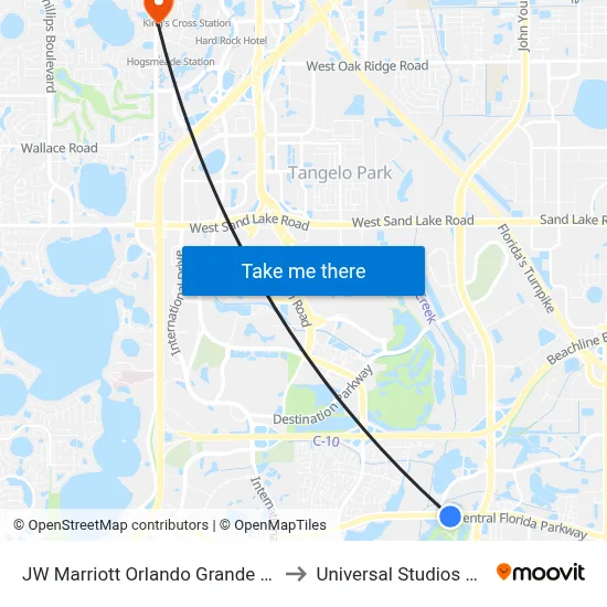 JW Marriott Orlando Grande Lakes to Universal Studios Store map