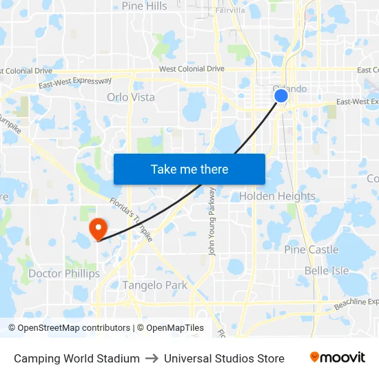 Camping World Stadium to Universal Studios Store map