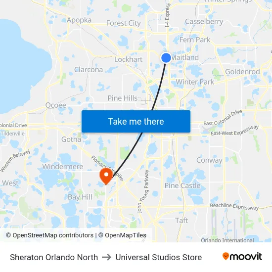 Sheraton Orlando North to Universal Studios Store map
