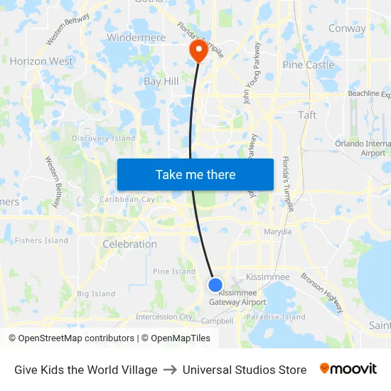 Give Kids the World Village to Universal Studios Store map