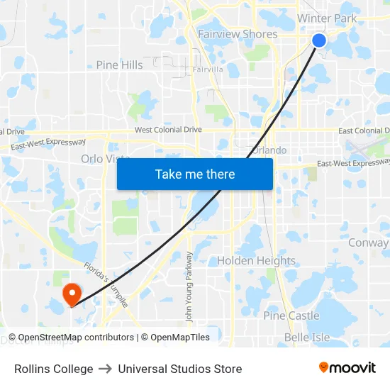 Rollins College to Universal Studios Store map