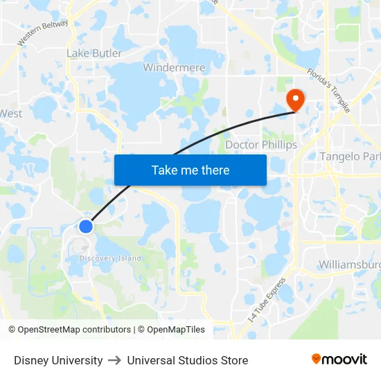Disney University to Universal Studios Store map