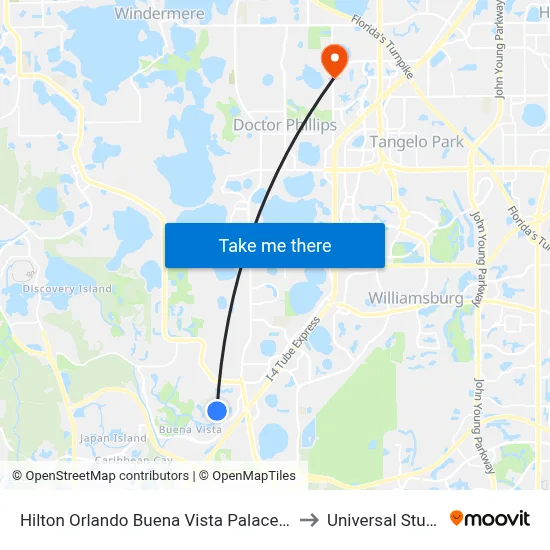 Hilton Orlando Buena Vista Palace Disney Springs Area to Universal Studios Store map