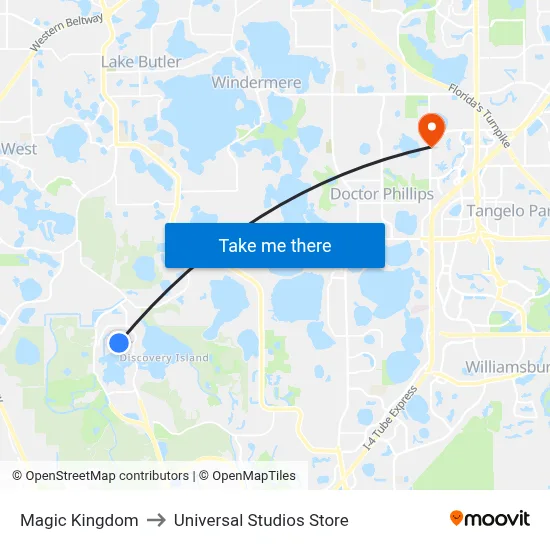 Magic Kingdom to Universal Studios Store map