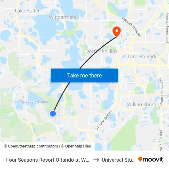 Four Seasons Resort Orlando at Walt Disney World Resort to Universal Studios Store map