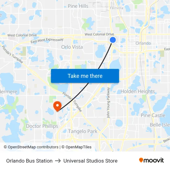 Orlando Bus Station to Universal Studios Store map