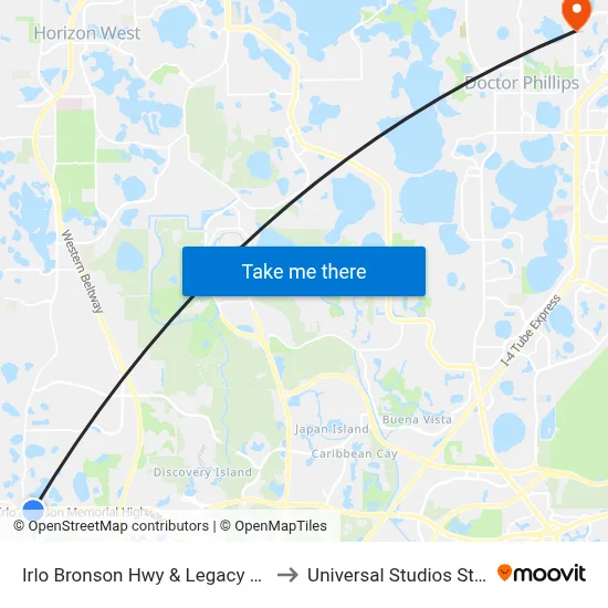Irlo Bronson Hwy & Legacy Blvd to Universal Studios Store map