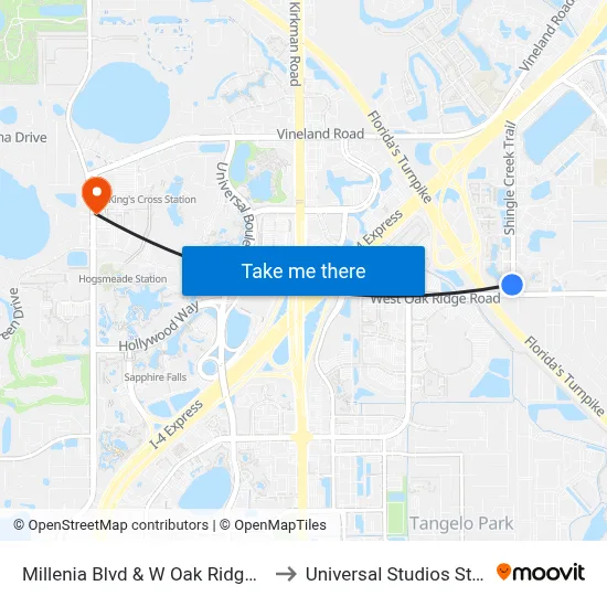 Millenia Blvd & W Oak Ridge Rd to Universal Studios Store map