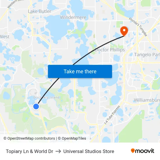 Topiary Ln & World Dr to Universal Studios Store map