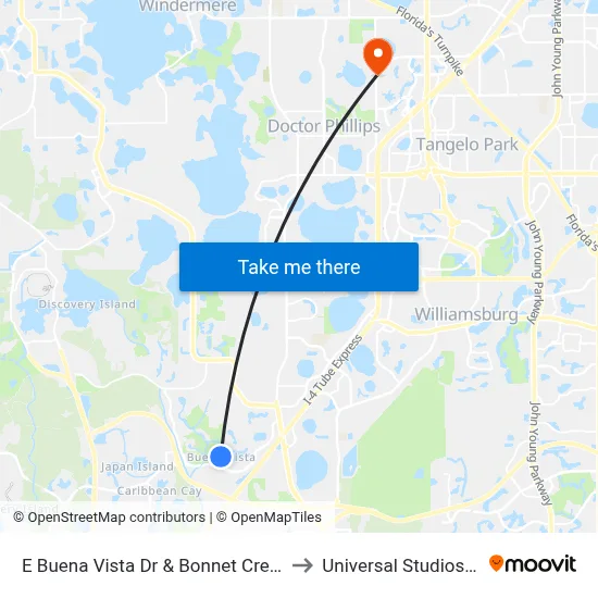 E Buena Vista Dr & Bonnet Creek Pkwy to Universal Studios Store map