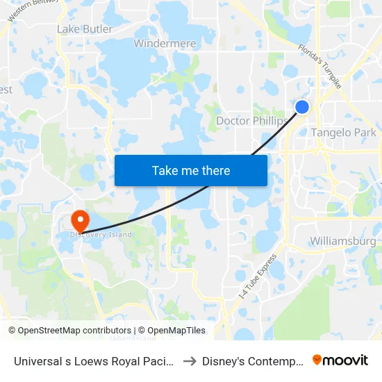 Universal s Loews Royal Pacific Resort Orlando to Disney's Contemporary Resort map
