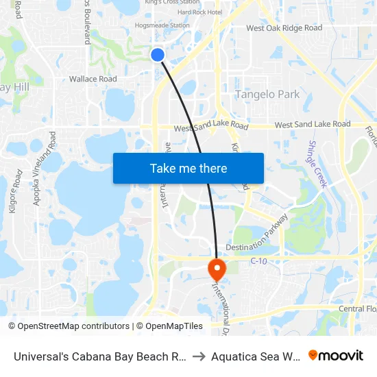 Universal's Cabana Bay Beach Resort to Aquatica Sea World map