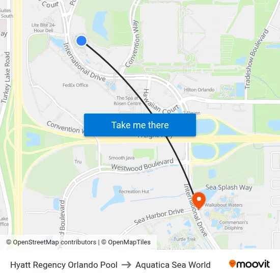 Hyatt Regency Orlando Pool to Aquatica Sea World map