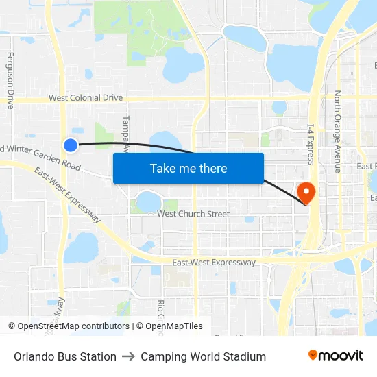 Orlando Bus Station to Camping World Stadium map