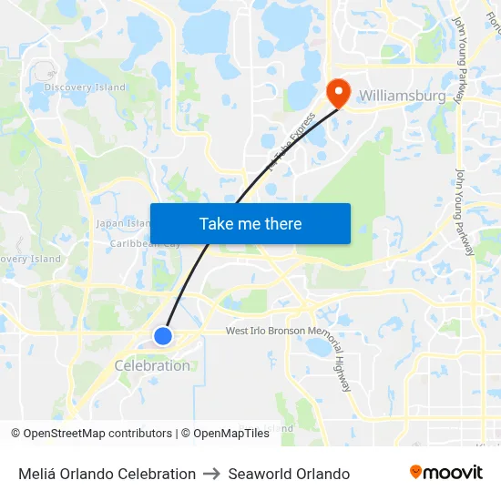 Meliá Orlando Celebration to Seaworld Orlando map
