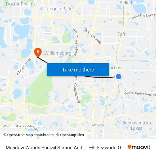 Meadow Woods Sunrail Station And Landstar Blvd to Seaworld Orlando map