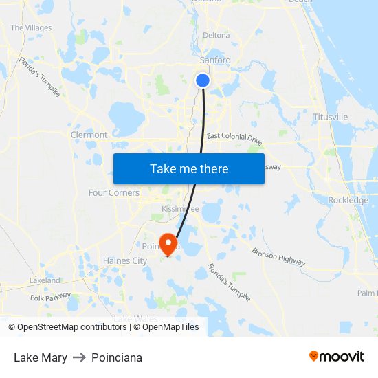 Lake Mary to Poinciana map