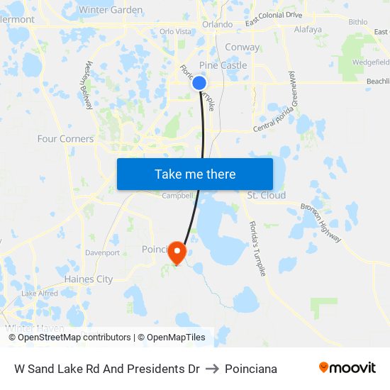 W Sand Lake Rd And Presidents Dr to Poinciana map