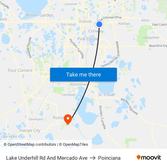 Lake Underhill Rd And Mercado Ave to Poinciana map