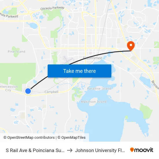 S Rail Ave & Poinciana Sunrail to Johnson University Florida map