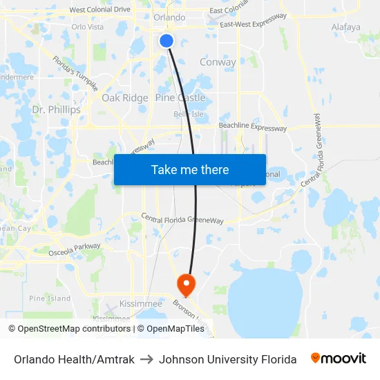 Orlando Health/Amtrak to Johnson University Florida map