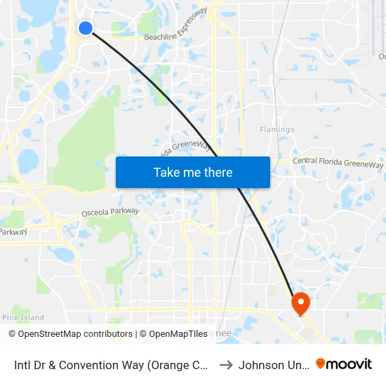 Intl Dr & Convention Way (Orange County Convention Ctr West Concourse) to Johnson University Florida map