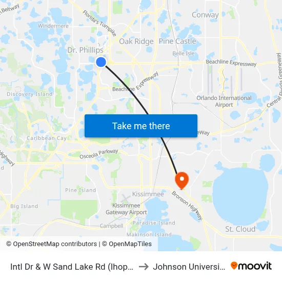 Intl Dr & W Sand Lake Rd (Ihop / Burger King) to Johnson University Florida map