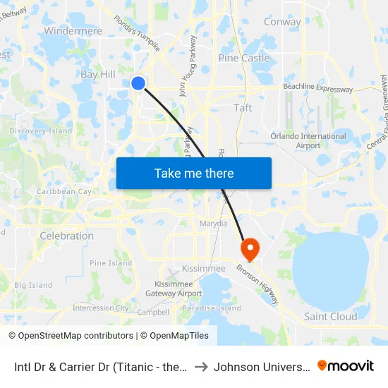 Intl Dr & Carrier Dr (Titanic - the Artifact Exhibit) to Johnson University Florida map