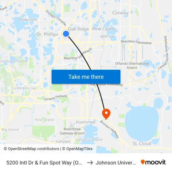 5200 Intl Dr  & Fun Spot Way (Outlet Marketplace) to Johnson University Florida map