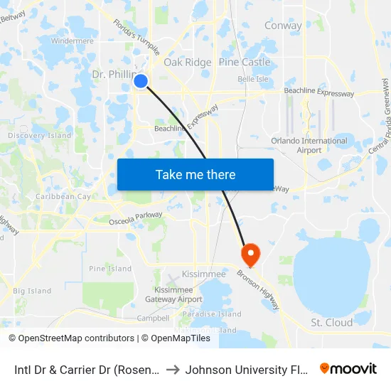 Intl Dr & Carrier Dr (Rosen Inn) to Johnson University Florida map