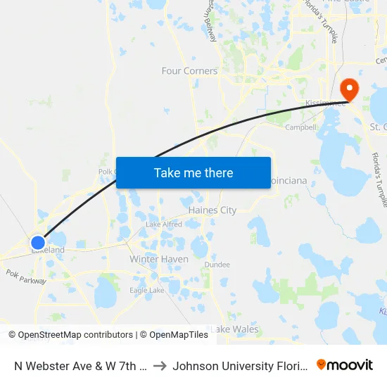 N Webster Ave & W 7th St to Johnson University Florida map
