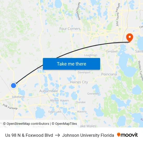 Us 98 N & Foxwood Blvd to Johnson University Florida map